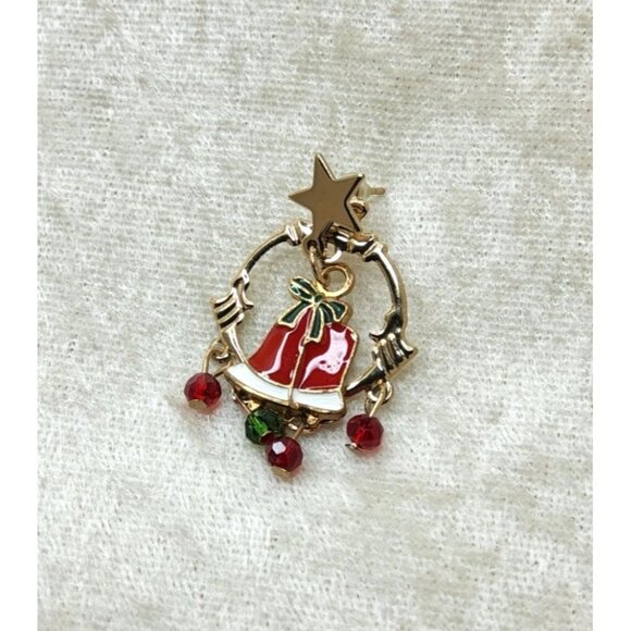 Vintage Red,Gold,Green Enamel Wreath Star and Bell Pin - Picture 2 of 4